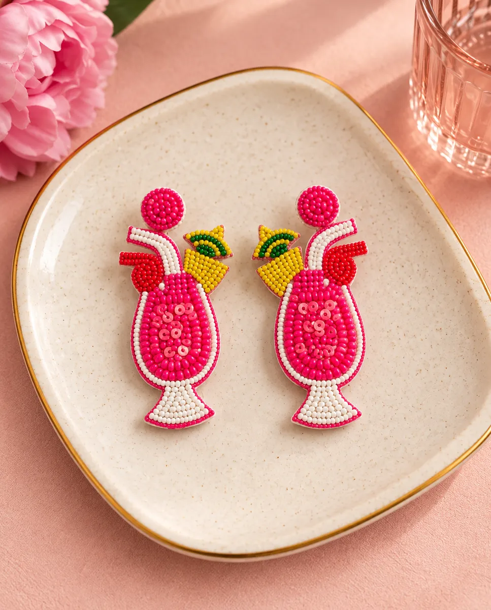 Pink Tropical Cocktail Beaded Statement Earrings